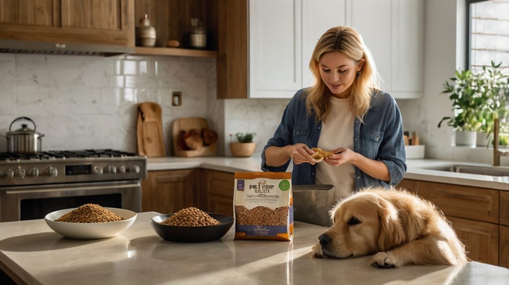 Concerned pet owner examining premium dog food options on kitchen counter with golden retriever waiting nearby