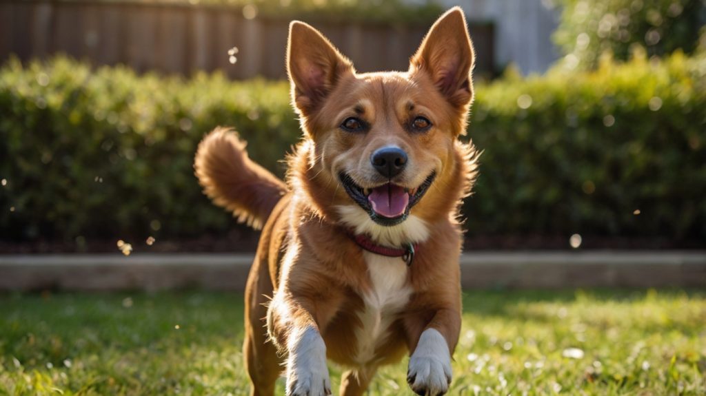 Happy, healthy dog with shiny coat playing energetically after switching to appropriate food