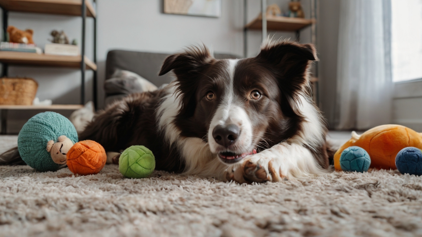 Calm border collie resting peacefully in comfortable home setting with favorite toys, showing successful anxiety management